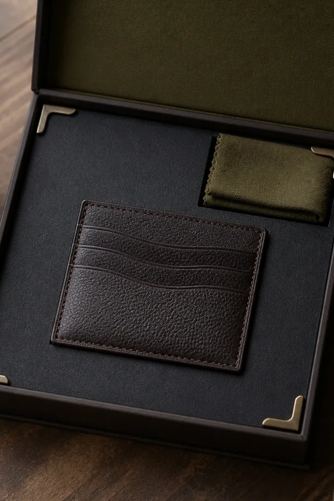 A gift box with a dark brown leather card holder centered on a charcoal bookboard insert, brass corner brackets at the edges, and a small folded cloth labeled "care" tucked in the top right; the lid is lined with deep olive fabric.