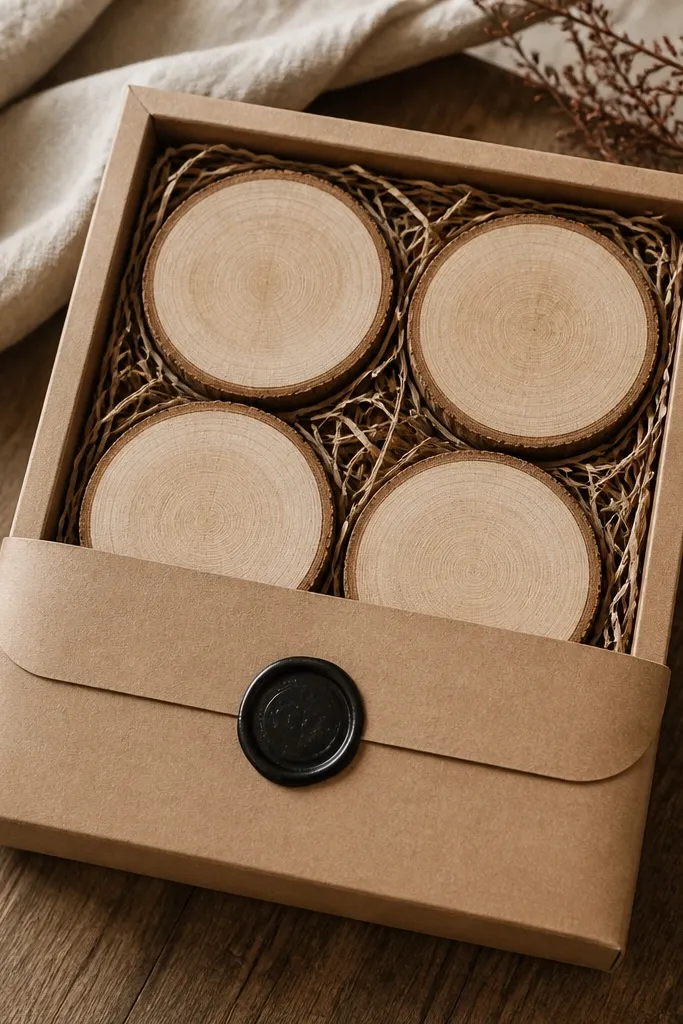 Four circular wood slices in a nest-like insert, each with a faint burned border; the sleeve is kraft paper wrapped around a rigid cardboard form with a black wax seal on the front.