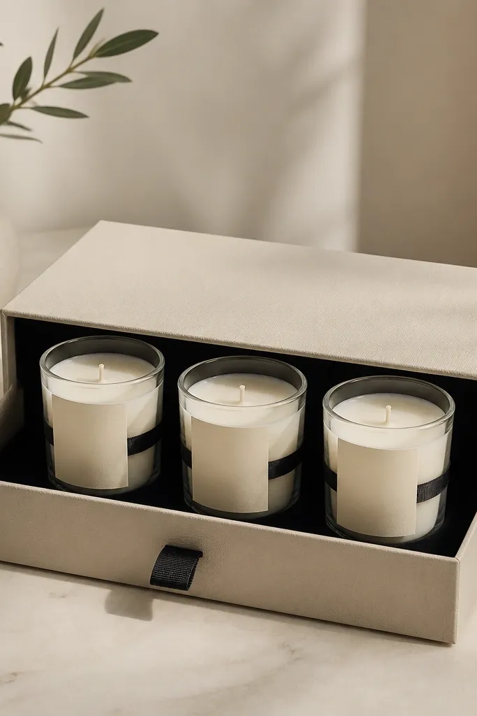 A box that opens like a drawer with three small glass candles standing upright; each candle has a matching cream label and a thin black ribbon band around the glass.