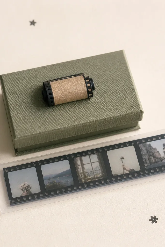 A small keepsake box with a faux film canister on top, and a strip of mini photos in a windowed sleeve; the background is light cream paper with tiny black icons stamped near the edges.