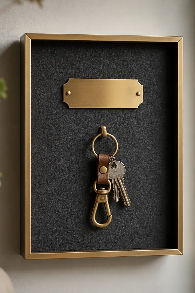 A small shadow box with a felt backing in charcoal gray, a brass name tag centered, and a keychain hanging from a tiny hook; the frame has a thin gold border.