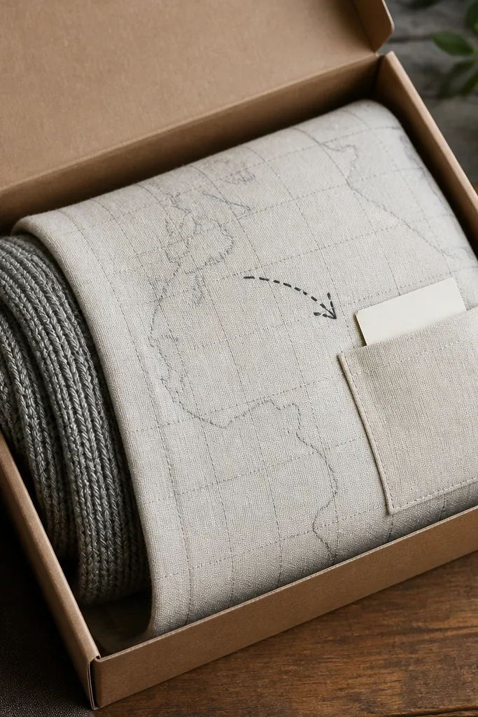 A box with a rolled knit scarf tucked into a fabric map sleeve; the sleeve has stitched grid lines in light gray and a stitched arrow pointing to a small pocket with a note.