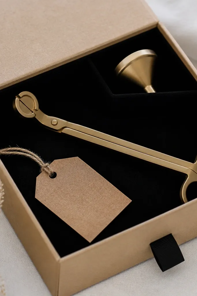A kraft drawer box with a black felt base, a wick trimmer lying diagonally, a small monogrammed tag, and a matching mini funnel tucked in the corner.
