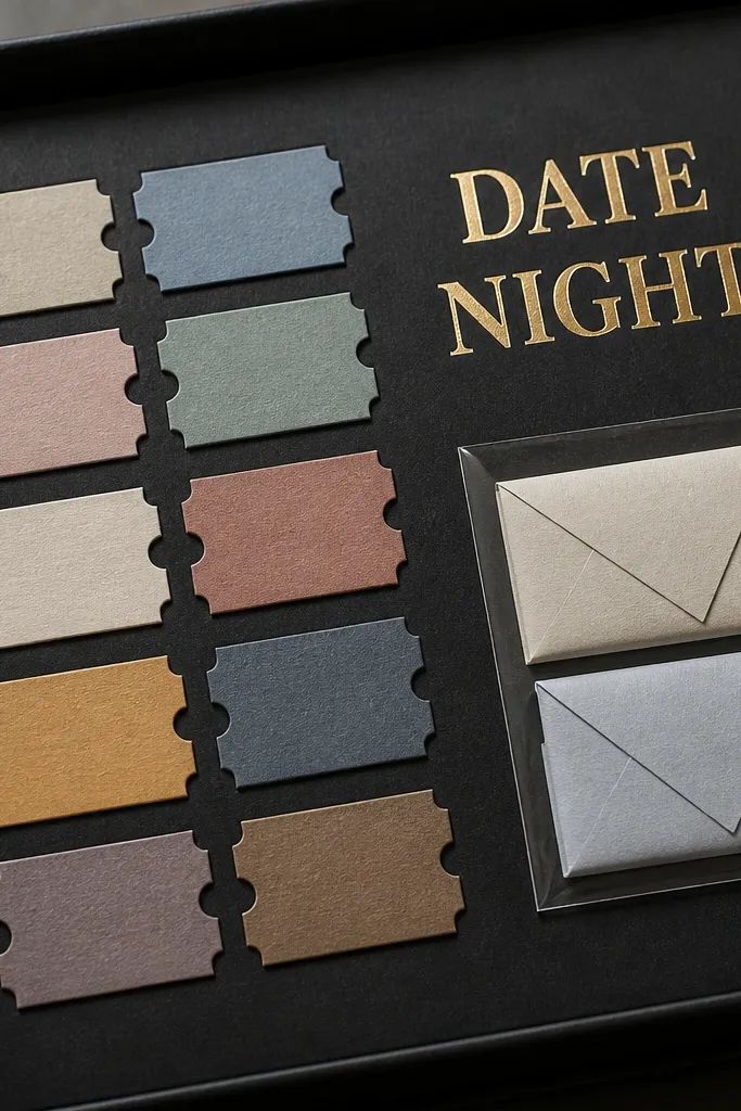 A box with a grid of small ticket stubs, gold foil "DATE NIGHT" text, and a small clear pocket holding two folded plans; the background is matte black cardstock.