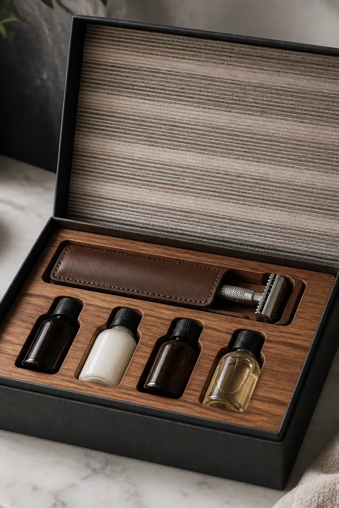 A bathroom-ready gift box with a cedar insert, a leather razor sleeve on top, and small bottles tucked into slots; the lid is lined with striped cotton fabric in muted tones.