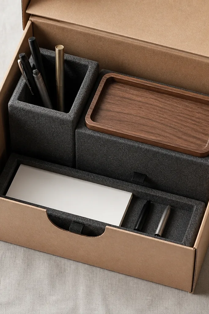 A desk organizer inside a box: felt blocks form a pen holder, a small wood tray sits on top, and a hidden compartment at the bottom holds a notepad and two pens.
