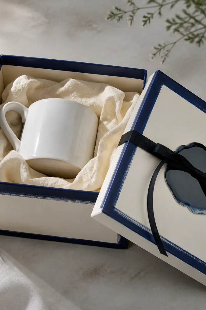 A box holding a white mug wrapped in a cream tissue sling, with a hand-painted navy border; the lid has a glossy "glaze" effect sticker and a thin black ribbon.