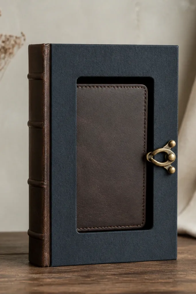 A faux book-style gift box with a leather-like spine, a window showing a wallet-sized photo sleeve inside, and a small brass clasp at the front.