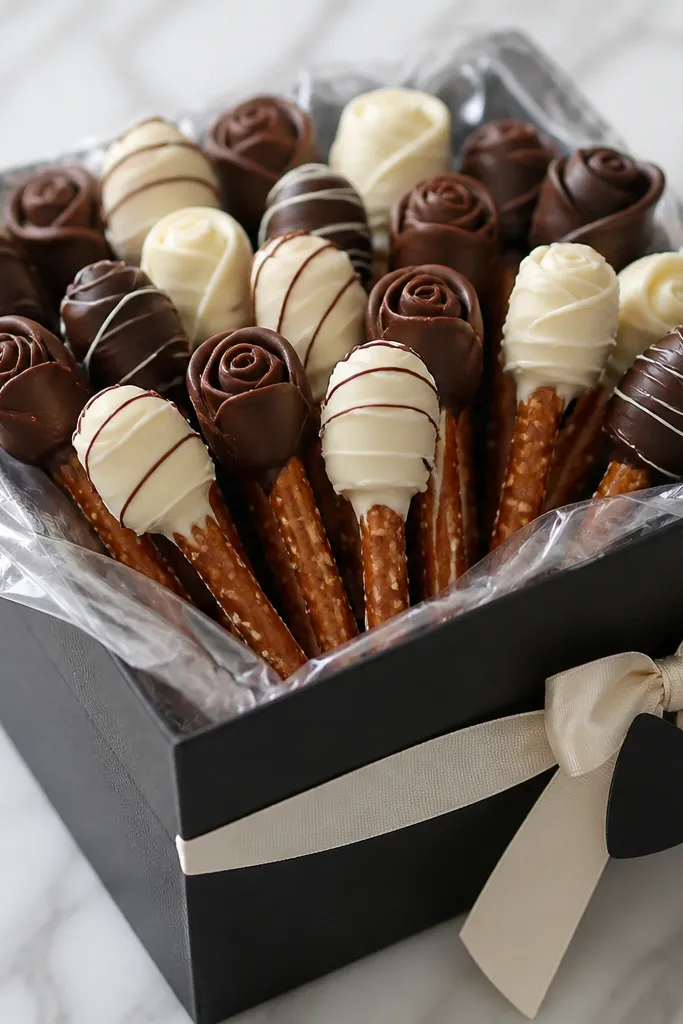 A gift box with a cellophane-lined interior holding pretzel sticks wrapped in chocolate, arranged like flowers; the outside is matte black with a cream ribbon and a small bow tie tag.