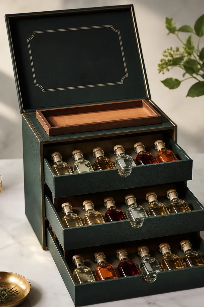 A box with a bar-cart look: three slide-out sleeves holding mini bottles, a small wooden tray at the top, and a chalkboard-style label on the lid.