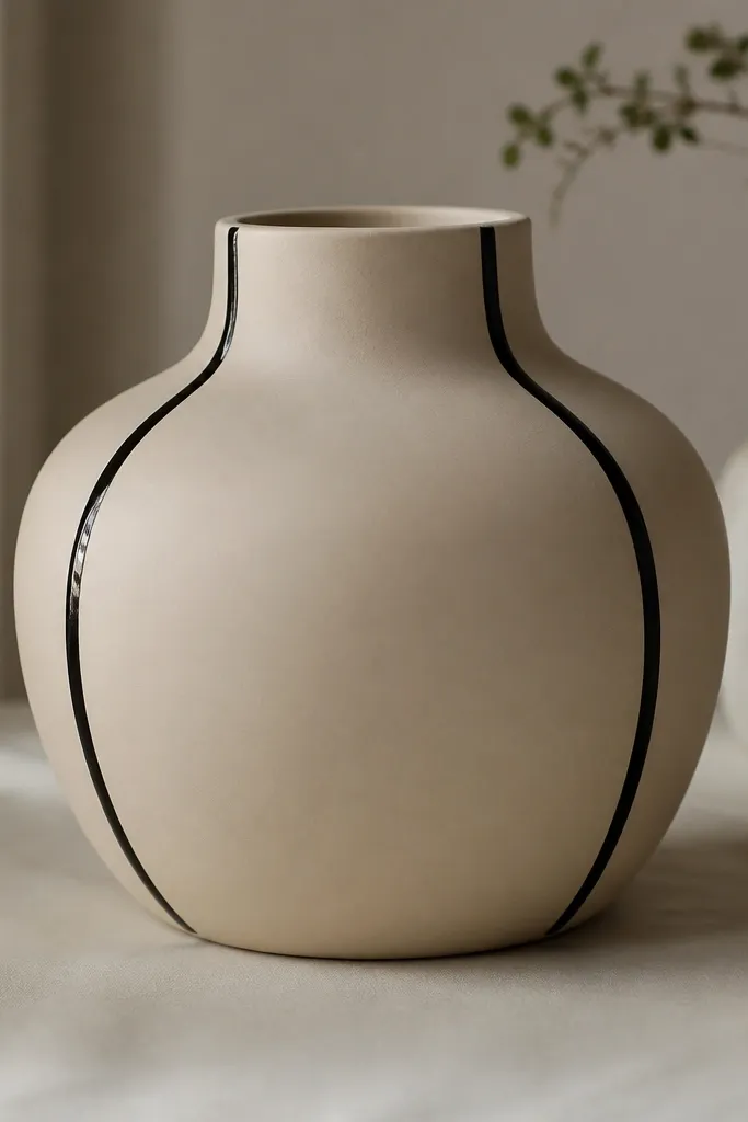 A creamy oat-milk matte pot with two thin black vertical lines that curve slightly around the shape. The lines look like lacquer, glossy compared to the matte base.