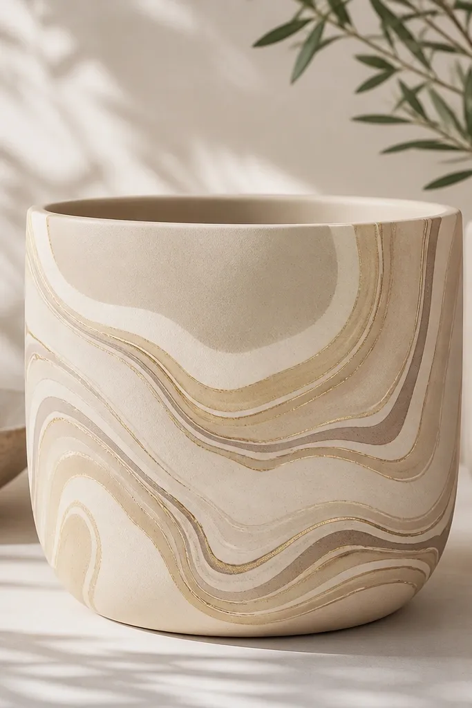 A light beige pot with flowing marble swirls in champagne, taupe, and pale gold. The swirl lines have clean borders, like a resist technique.