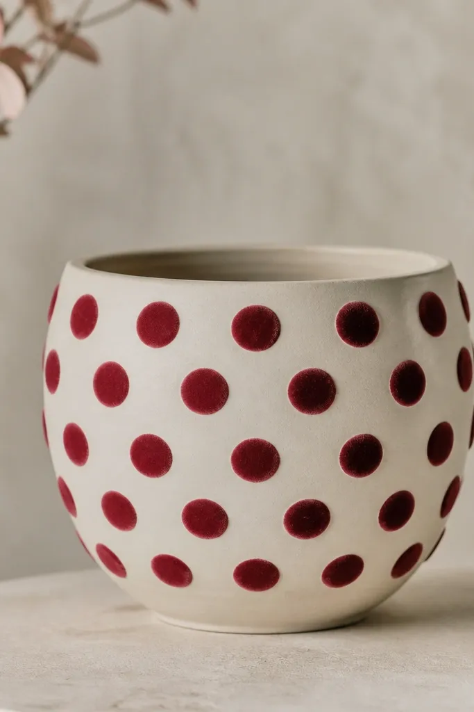 An ivory pot filled with evenly spaced cranberry-red dots. The dots look slightly raised and velvety, with a soft gradient from darker centers.