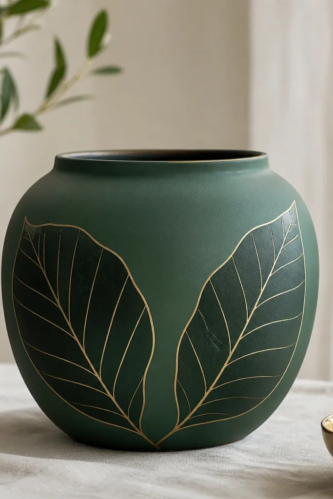 A deep emerald pot with two large leaf silhouettes in darker green. Thin gold lines trace the leaf veins, and the gold looks like fine metallic ink.