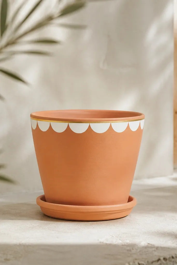 A terracotta pot left mostly natural with a painted white scallop trim band near the top. The scallops are uniform and crisp, with a thin gold line above them.
