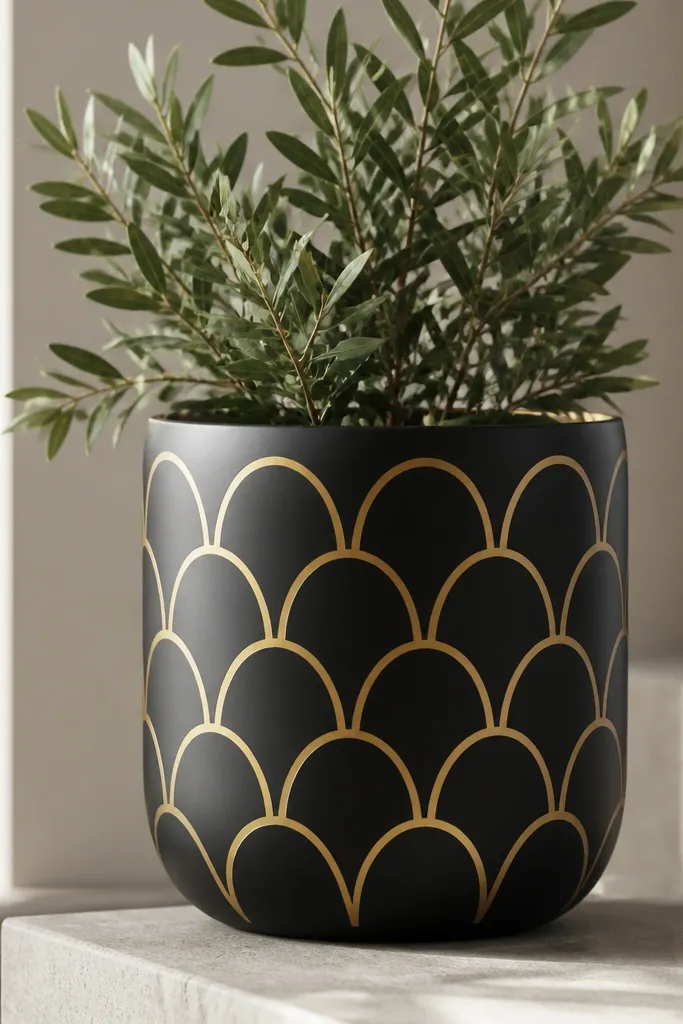 A matte black pot with repeated gold arch shapes stacked in a pattern. The gold looks smooth and metallic, with crisp edges and consistent spacing.