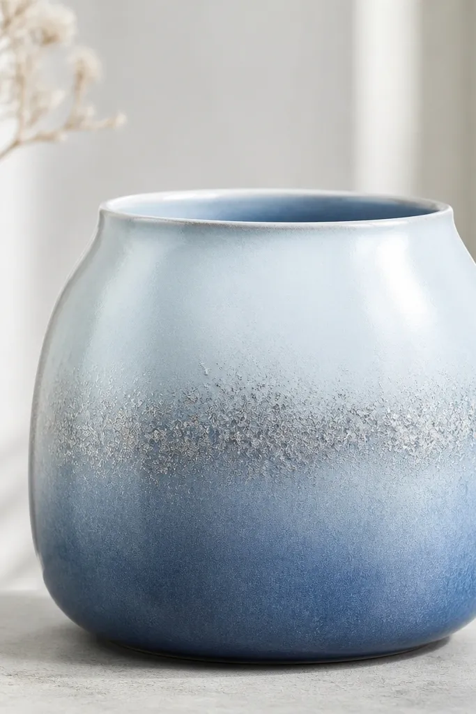 A pot that fades from deep ice blue at the bottom to pale icy blue near the top. A thin silver mist layer appears around mid-height, like a soft spray.