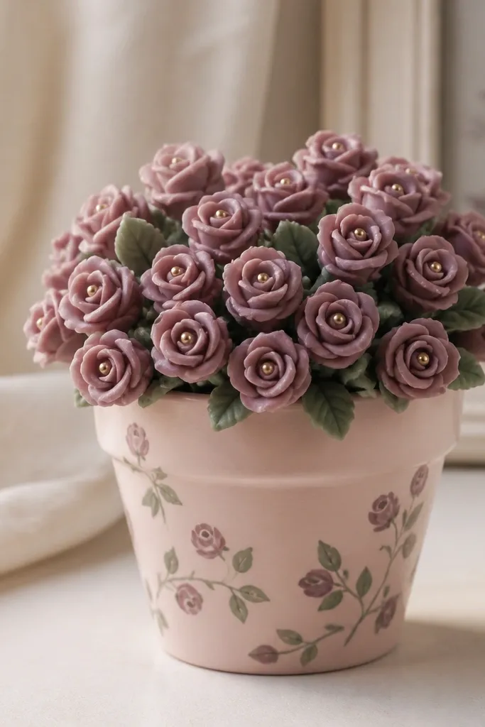 A soft blush pink pot with small rose-shaped flowers in muted mauve. Each flower has a tiny gold dot at the center, and the leaves are painted in dusty green.