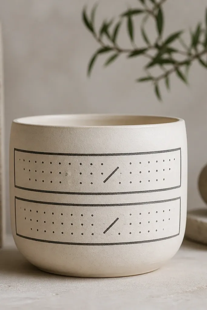 An ivory pot with two rectangular geometric frames in charcoal running around the sides. Inside each frame is a small dot grid and a short diagonal line.
