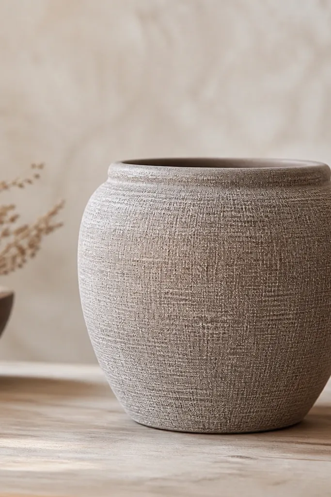 A taupe pot with a subtle linen-like texture. Highlights appear as lighter dry-brushed streaks on raised areas, giving it a fabric feel.