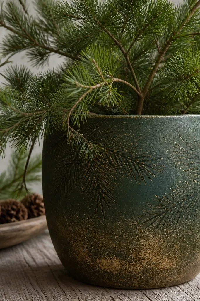 A deep forest-green pot painted with pine needle branches in darker green. A thin weathered gold wash sits over the needles and along the lower third.