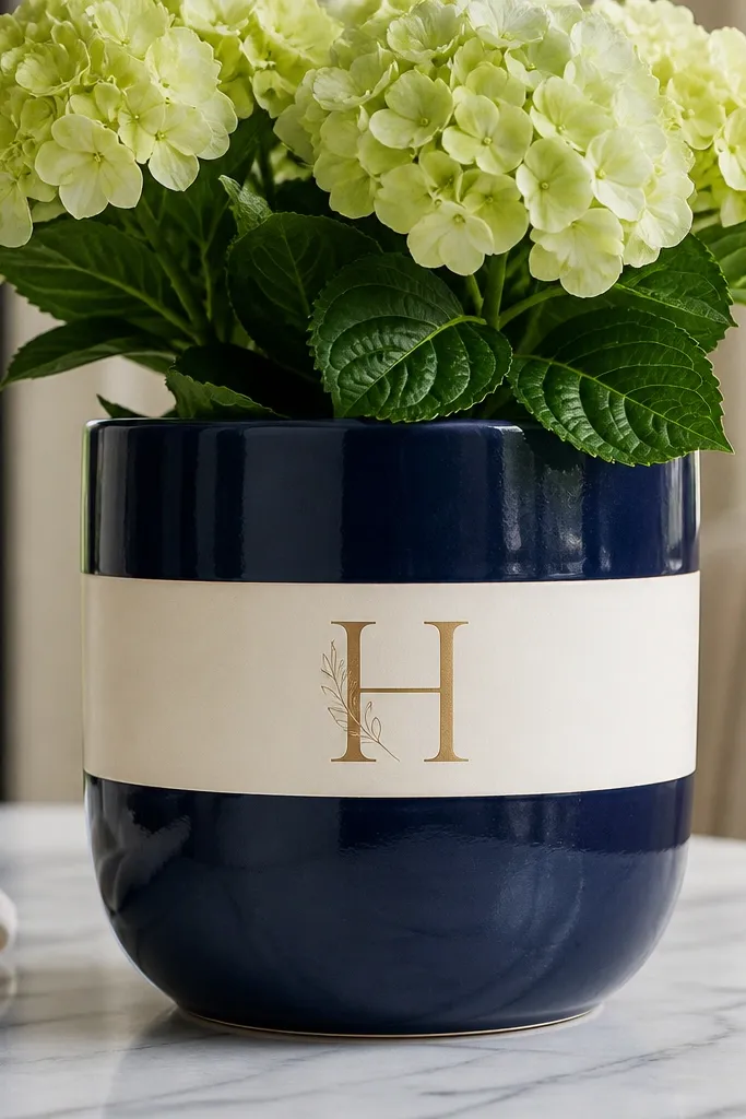 A deep navy pot with a centered cream band. On the band is a simple monogram letter painted in thin gold lines with a small decorative flourish.