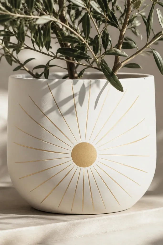 A matte white pot with sunburst rays painted in soft gold starting from a central circle. The rays are thin and evenly spaced, curving slightly with the pot.