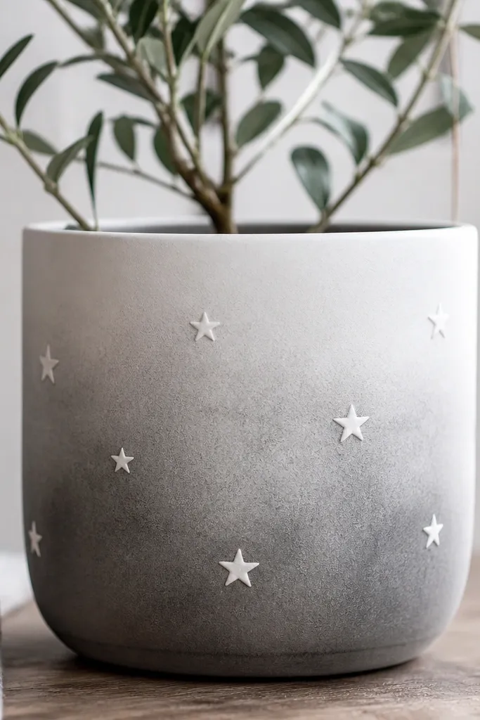 A white pot with a soft charcoal wash that fades from light at the top to heavier at the bottom. Small star shapes are stenciled in crisp white and appear slightly raised.