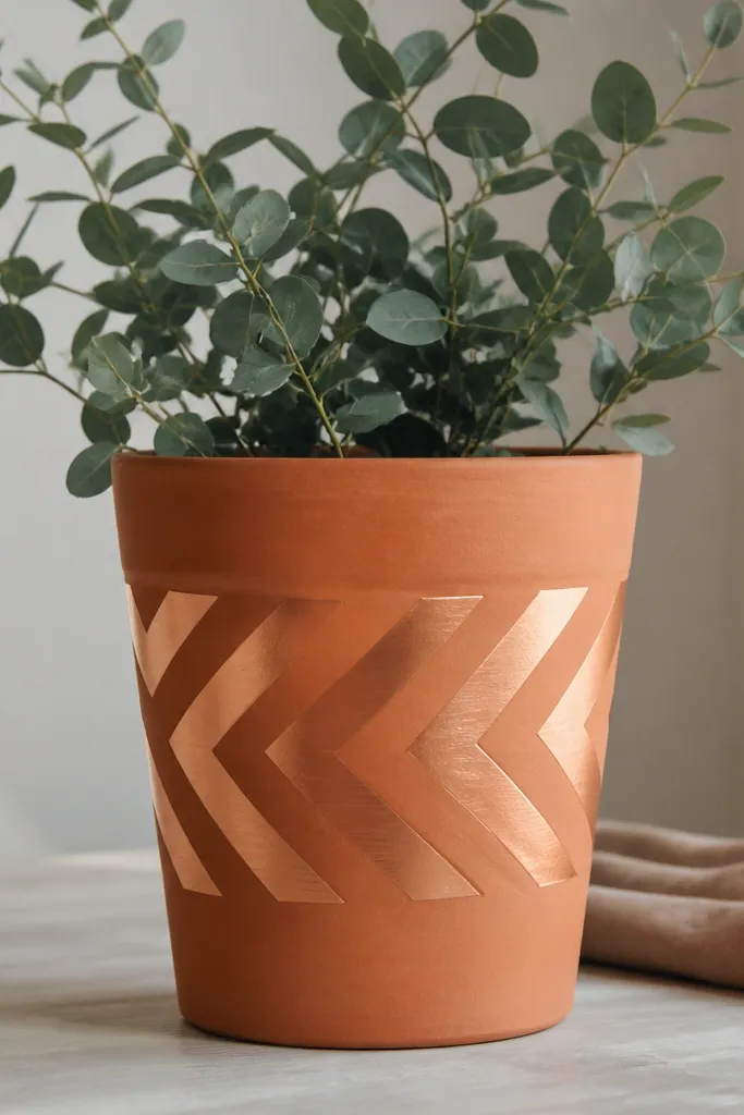 A mostly natural terracotta pot with matte finish. Copper chevron stripes run diagonally across the middle, with clean angles and a subtle metallic sheen.