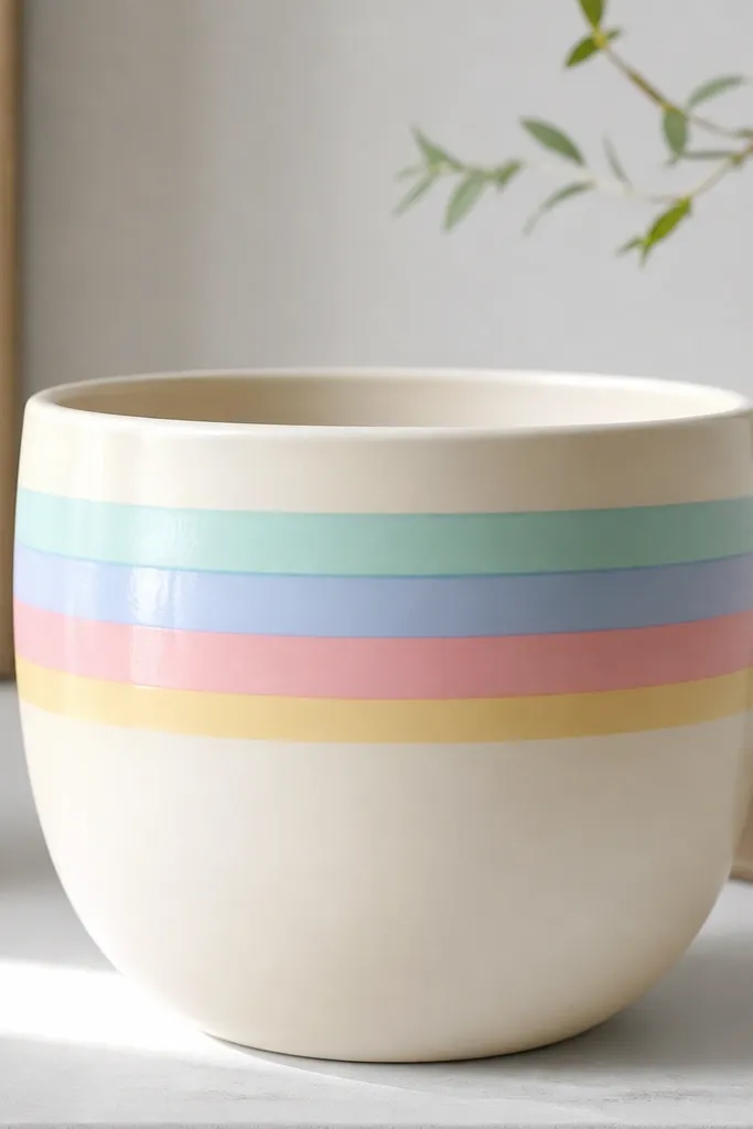 A cream pot with a wide arc band across the upper third. The band has pastel colors in stacked stripes (mint, sky blue, blush, pale yellow) with a soft pearly sheen.