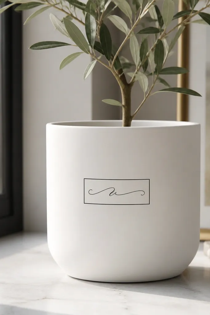 A matte white pot with a small black script-style nameplate near the center. The nameplate sits inside a thin black rectangle border, with subtle swash lines.