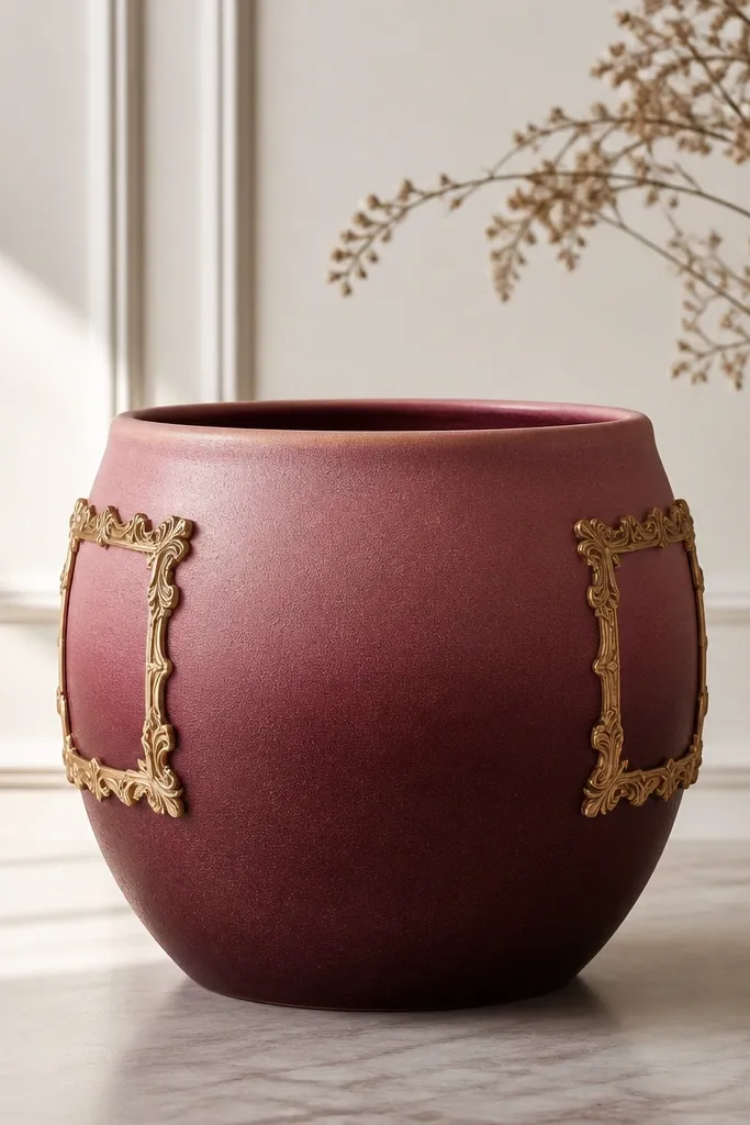 A pot with a burgundy-to-rose fade from bottom to top. Two gold corner frames sit on the sides, like small picture borders.