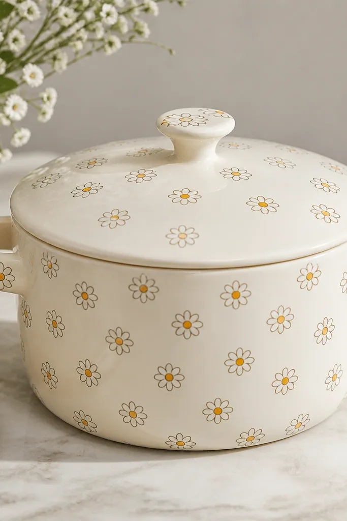 A creamy white pot covered in repeated small daisies. Each daisy has crisp white petals outlined lightly in gray and a honey-gold dot center.