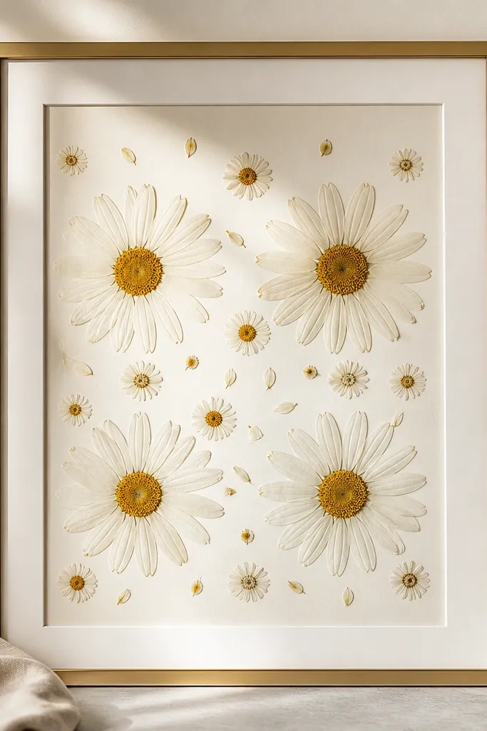 A champagne-gold 11x14 frame with a thin white mat. Inside are pressed white daisies with yellow centers arranged like a loose grid: four larger blooms and several tiny petals filling the gaps. The center looks brighter than the corners.