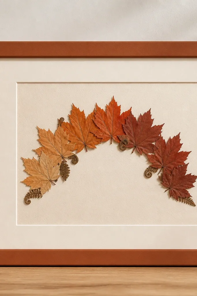 A terracotta-brown 8x10 frame with a cream mat. An arch of pressed maple leaves curves from left to right, with a few small curled fern pieces tucked under the arch. Colors range from muted orange to deep rust.