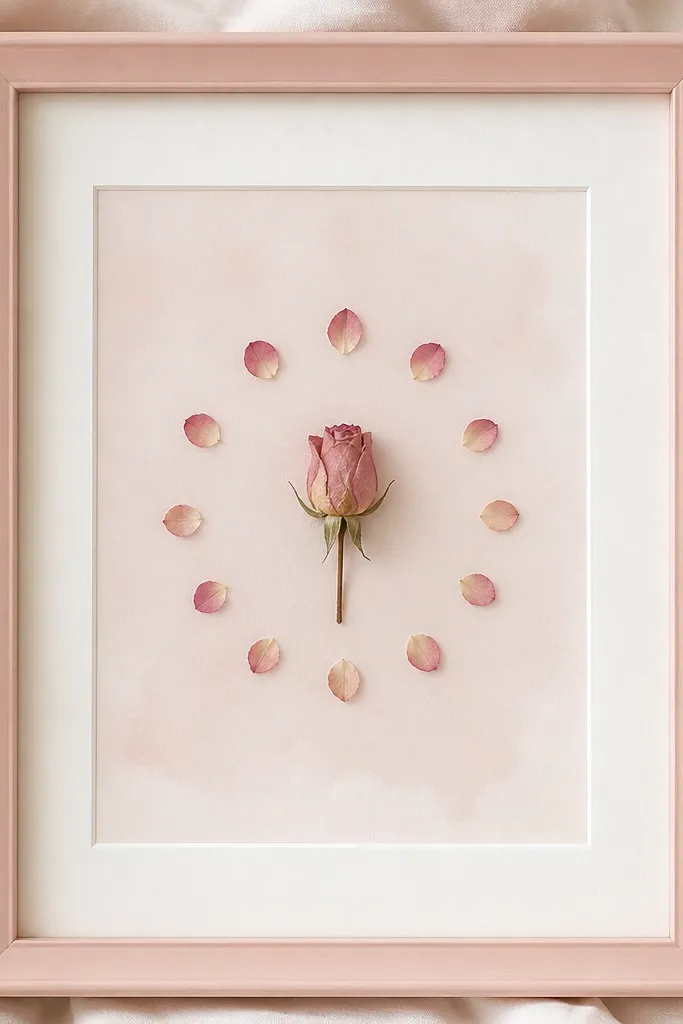 A blush pink 11x14 frame with a soft white mat. At center is one pressed rosebud, surrounded by a halo of tiny rose petals spaced evenly like a crown. The background has a very faint blush wash.