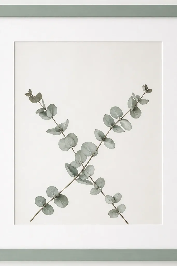 A seafoam green frame with a white mat. Two eucalyptus branches run diagonally in opposite directions, creating an X shape. Pressed leaves are light gray-green with a few darker tips, and there's open space in the top corners.