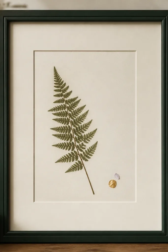 A deep forest green frame with an ivory mat. A pressed fern frond sits slightly off-center, and at the bottom right there's a small dot of metallic gold leaf with a single tiny petal next to it. The rest is mostly empty.
