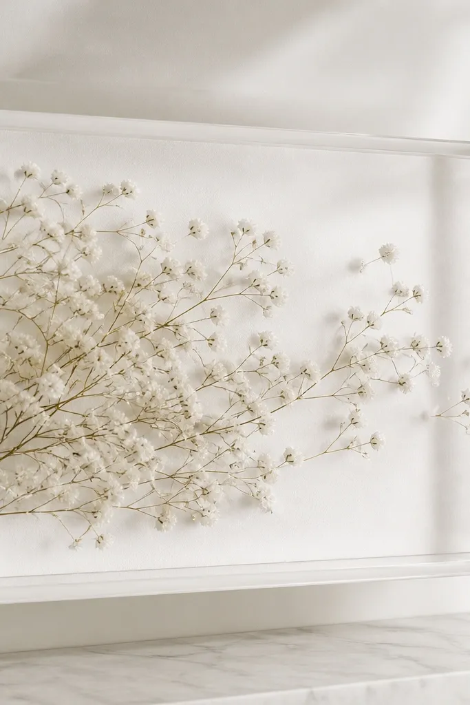 A clear acrylic shadow box frame (no visible glass reflections) containing pressed baby's breath. The flowers look like they're drifting from left to right, with a soft white backing paper. The depth gives the petals a slight 3D look.