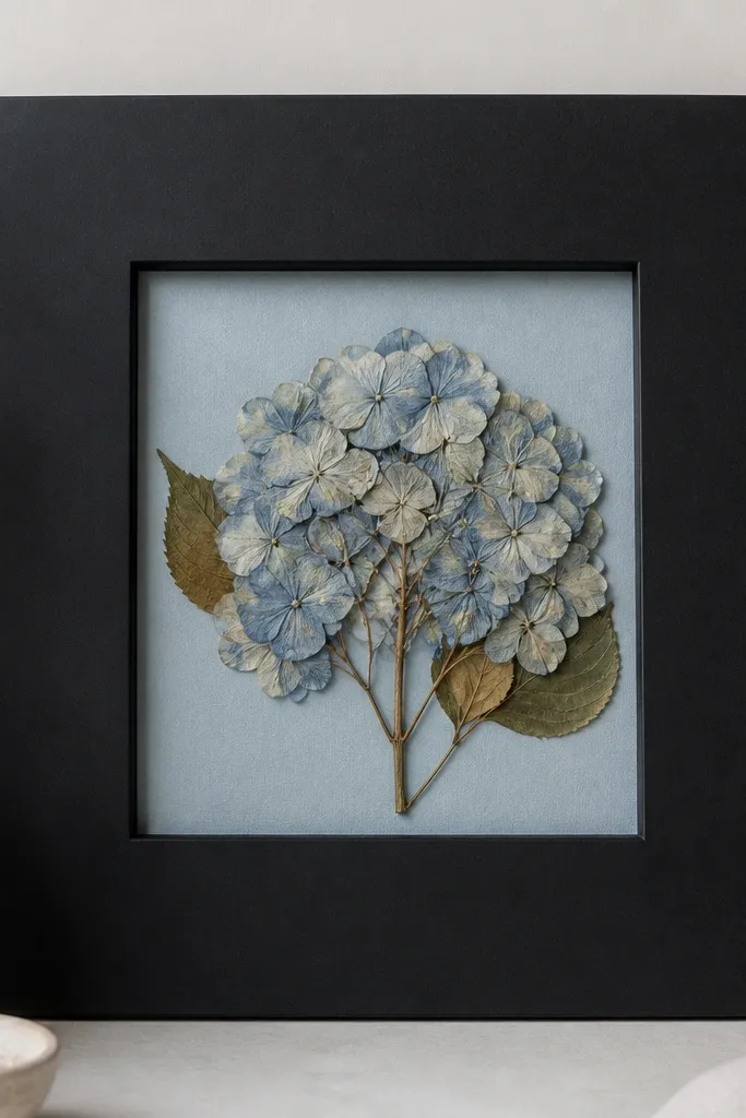 A matte black 11x14 frame with a square opening. Behind the pressed hydrangea is a subtle blue-tinted paper background. The hydrangea cluster sits centered, with a few small leaves tucked on the sides.