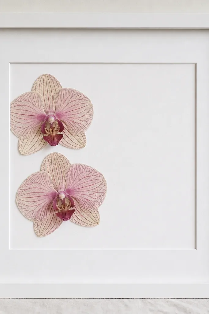 A simple white 8x10 frame with a wide white mat. Two pressed orchid blooms sit on the left side, angled slightly, while the right half of the mat is empty. The orchids are pale pink and cream with darker veins.