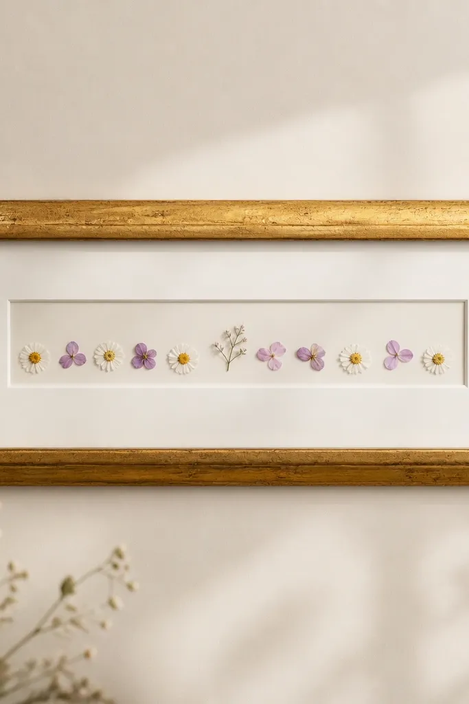 A gold leaf frame with a long horizontal 5x15 mat opening. Inside is a thin strip of pressed wildflowers - small daisies, little purple petals, and one tiny sprig - arranged in a line with lots of empty space above and below.