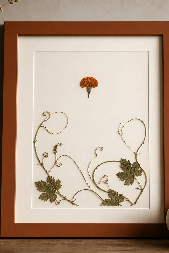 A rust-orange 8x10 frame with a cream mat. Pressed pumpkin vine tendrils loop around the bottom half, and one tiny orange marigold sits near the top center. The rest of the mat is empty.