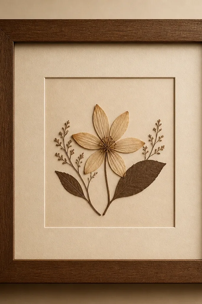 A mocha-brown frame with a warm beige mat. A pressed coffee blossom sits centered with tiny supporting leaves. The whole piece has brown-on-beige tones with a soft, calm contrast.