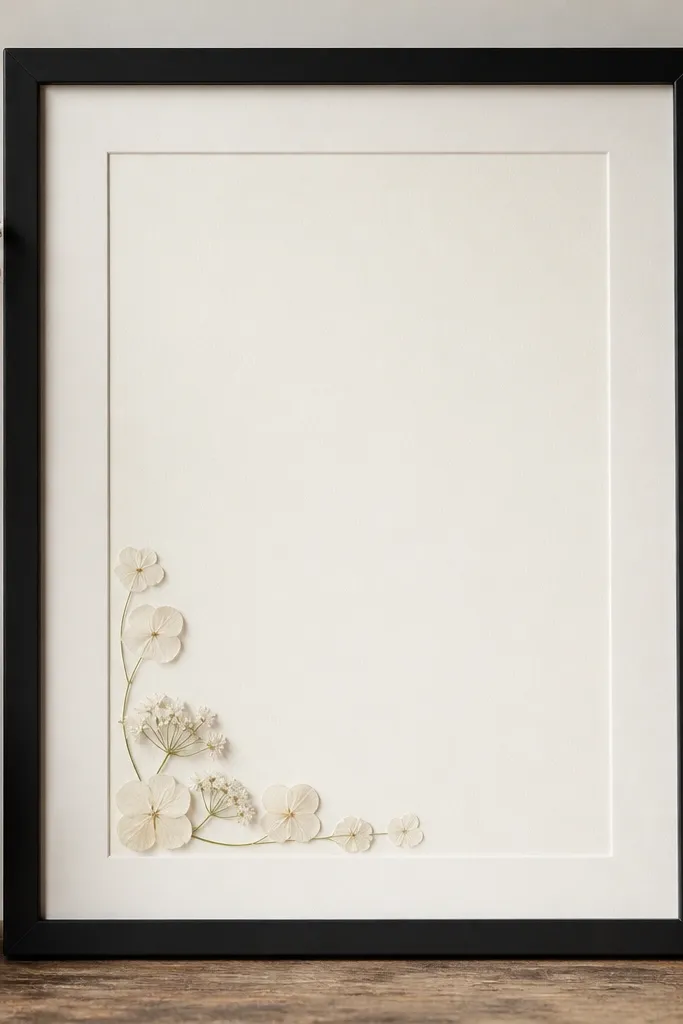 A matte black 11x14 frame with an off-white mat. Most of the mat is empty, but the bottom left corner has a small cluster of pressed white flowers and petals, arranged like a corner flourish.