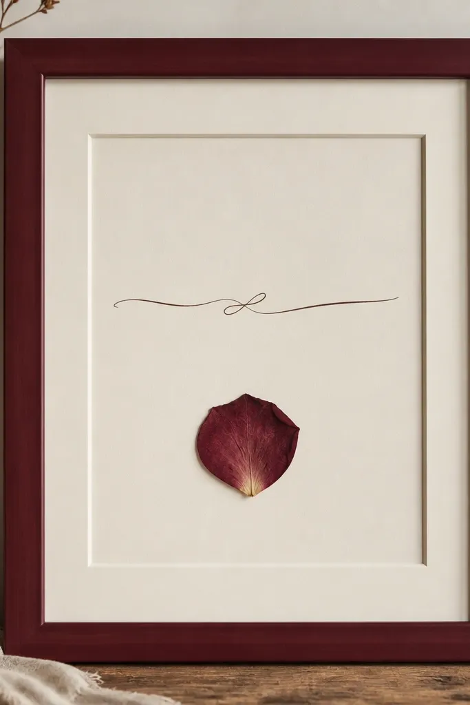 A burgundy 8x10 frame with a cream mat. A single pressed rose petal sits near the bottom center, and above it there's a hand-lettered script line on the mat background. The rest of the mat is clean and empty.