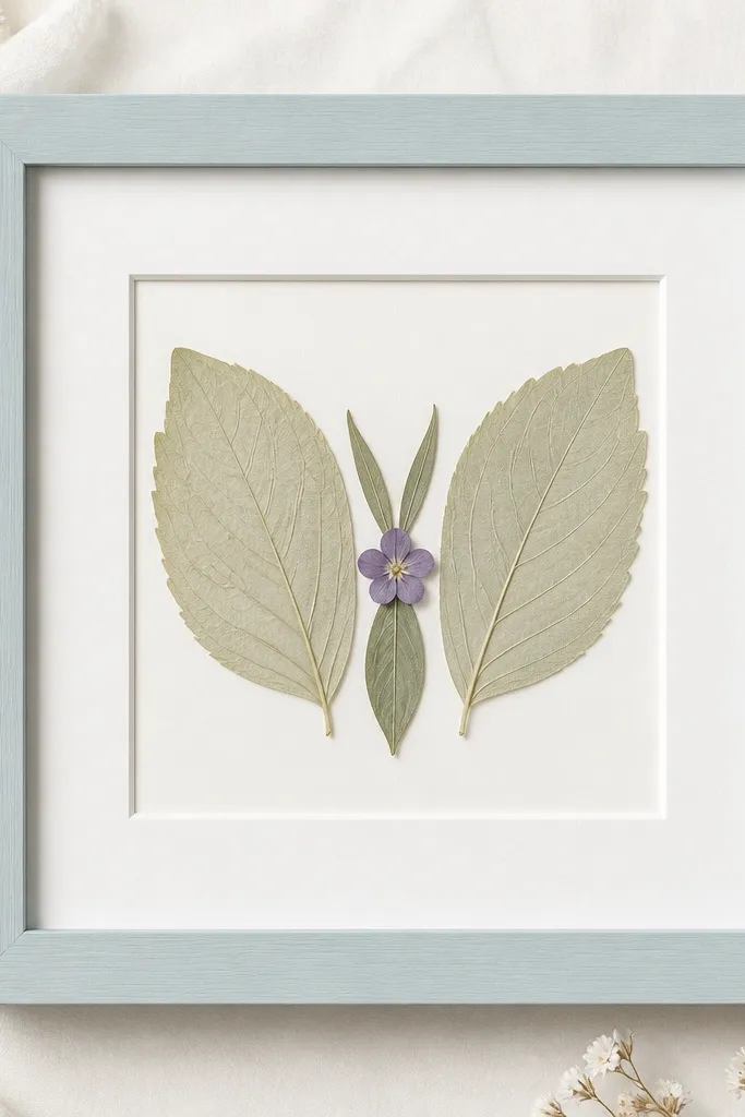 A light pastel frame (powder blue) with a white mat. Pressed leaf pieces are arranged like a butterfly shape - two larger leaves as wings and two smaller leaves as the body. One tiny purple flower sits at the center.