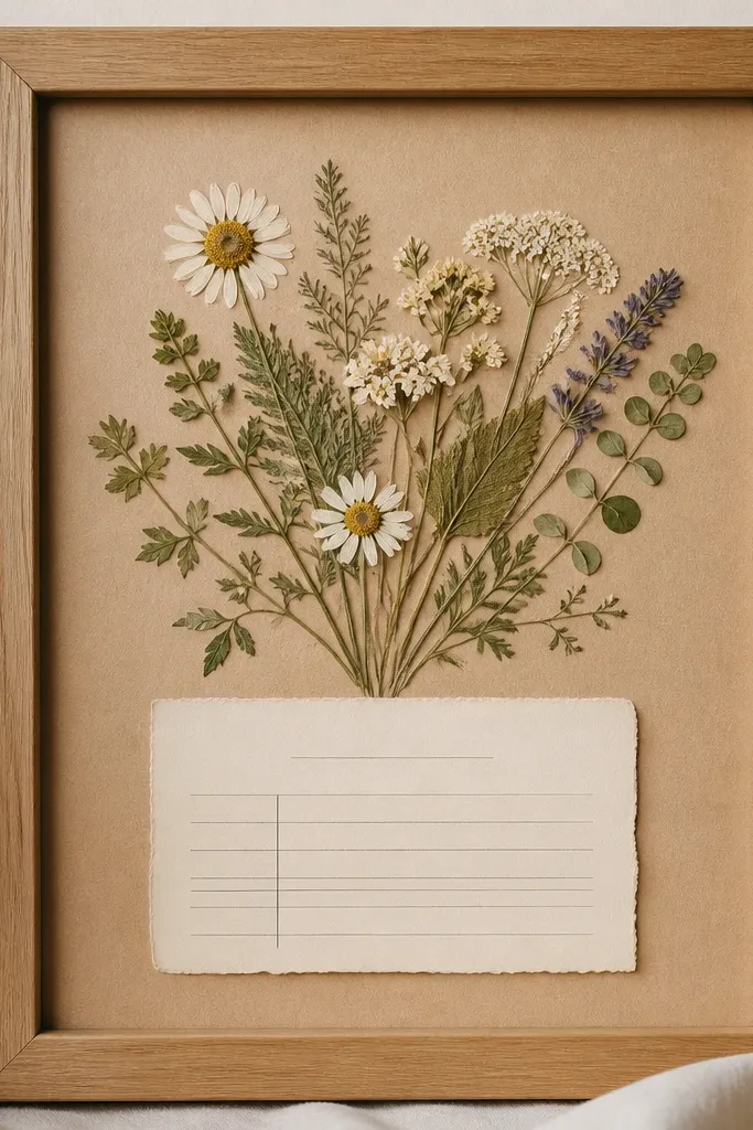 A natural wood frame with a kraft paper background. Inside, pressed herbs and tiny flowers are arranged around a small printed recipe-card style text block. The main botanical cluster sits above the text.
