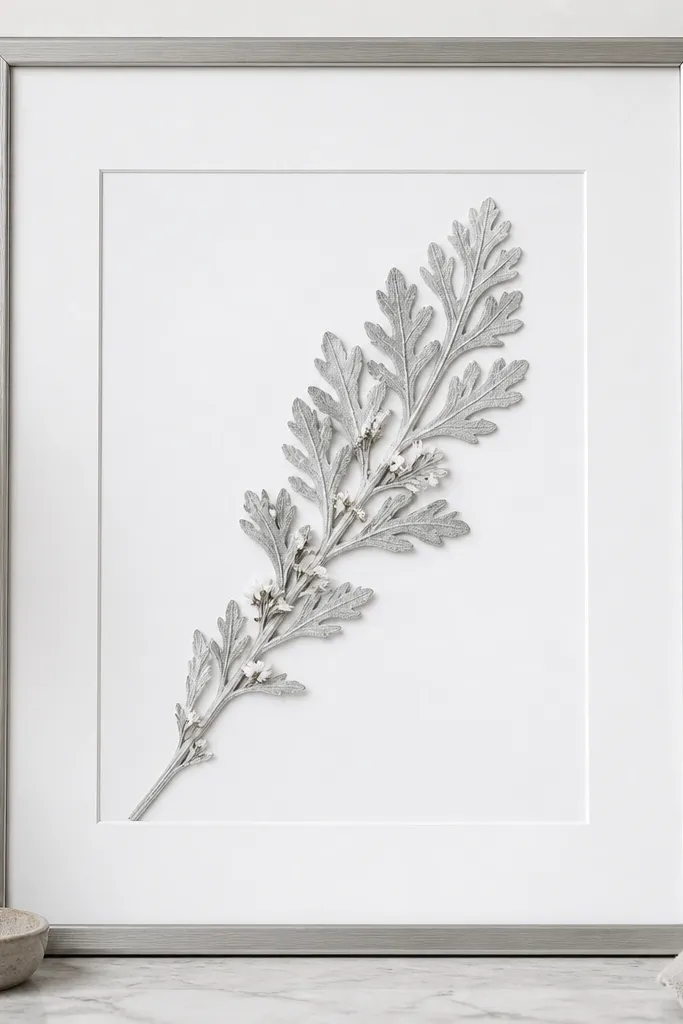A silver 11x14 frame with a bright white mat. A single pressed winter sprig (like dusty miller or silvery leaves) runs diagonally from bottom left to top right. The sprig is all silvery gray with a few tiny white petals.