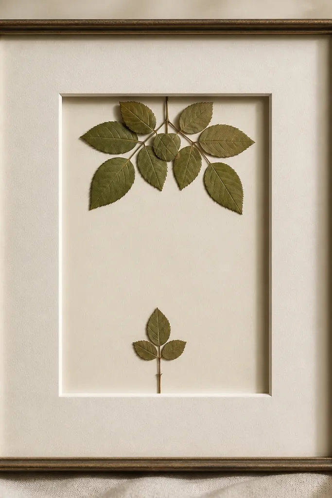 A simple clear-front frame with a deep mat border. Pressed rose leaves are placed so their edges create a shadow line inside the mat opening. The center is mostly empty, with one leaf cluster at the top and a single stem at the bottom.